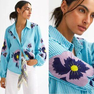 Gorgeous! MAEVE Anthropologie Striped Button Embroidered Pansy Blouse Shirt XS/S